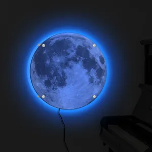 3D LED moon wall lamp glowing planet night light with blue backlight for room decor.