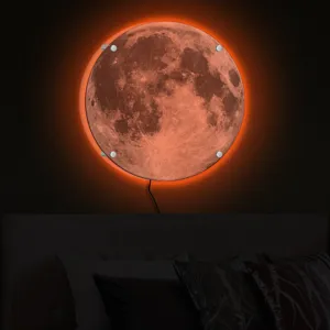 LED moon wall light glowing in dark bedroom, creative night lamp with realistic surface texture.