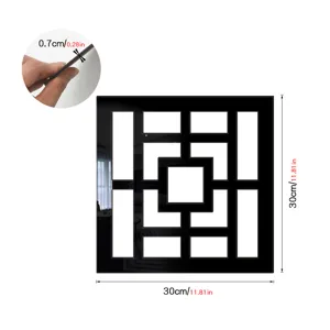 Acrylic wall mirror sticker with geometric hollow design, 30x30cm size and 0.7cm thickness.
