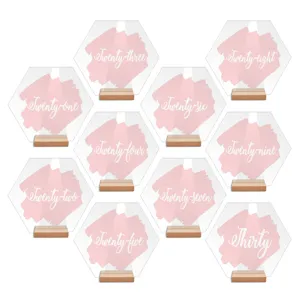 Números de mesa acrílicos con base de madera, carteles de boda hexagonales del veintiuno al treinta.