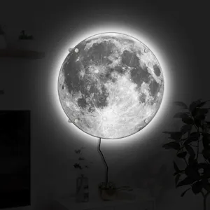 Detailed view of a glowing 3D moon wall lamp with bright LED halo effect in a room scene.