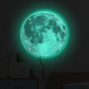 3D LED glowing moon wall lamp detail showing the textured surface and vibrant green ambient lighting.