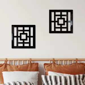 Acrylic wooden wall mirror sticker geometric grid black square home decor detail shot.