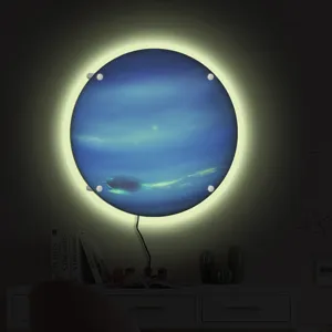 LED round planet wall lamp with ambient backlighting for modern bedroom and room decor.