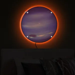 Creative round LED planet wall light with orange ambient backlight for modern bedroom decor.