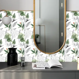 Adesivo murale botanico con motivo di foglie tropicali per decorazione d'interni moderna.