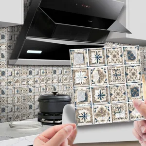 Vintage blue brown peel and stick mosaic wall tile sticker for kitchen DIY decor.