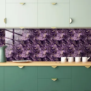 Detailed view of purple gold marble kitchen backsplash sticker, thickened crystal film.