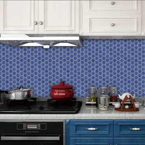 Kitchen detail view showcasing blue honeycomb mosaic tile sticker, self-adhesive PVC wall decor.