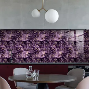 Detailed view of luxury purple marble pattern kitchen backsplash sticker, crystal texture.