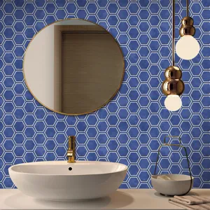 Blue hexagonal mosaic tile sticker, waterproof self-adhesive PVC wall sticker for home decor.