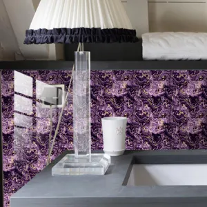 Purple and gold marble texture tile sticker detail showing crystal laminated waterproof surface.