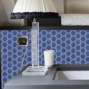 Blue honeycomb mosaic wall tile sticker PVC self-adhesive waterproof DIY home decor detail.