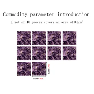 Detail view of purple gold marble tile stickers 10pcs set waterproof peel and stick wall decor.