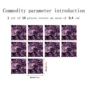 Detailed view of purple marble tile stickers, showing 10 pieces with glossy crystal film surface.