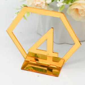Gold Acryl Hochzeit Tischnummer Schild Detailansicht, moderne Sechseck Tischdeko.