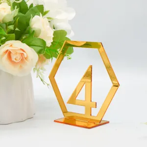 Goldene Acryl Tischnummer 4 Schild Sechseck Hochzeit Herzstück Desktop Dekor Anzeige