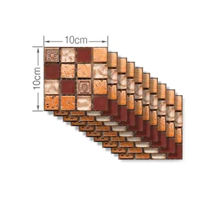 3D mosaic tile sticker, self-adhesive wall decor for kitchen and bathroom, 10x10cm brown tone