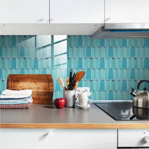 Kitchen backsplash tile sticker with peacock feather pattern, waterproof home decor renovation.