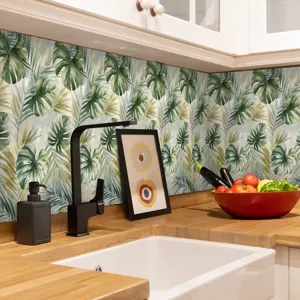 Adesivo per paraschizzi cucina con foglie tropicali, piastrella murale impermeabile.