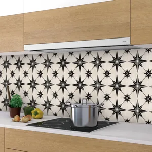 Self-adhesive PVC mosaic tile sticker, black and white star kitchen backsplash decor.