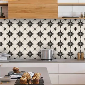 PVC self-adhesive wall tile sticker, black and white star pattern for kitchen backsplash decor.