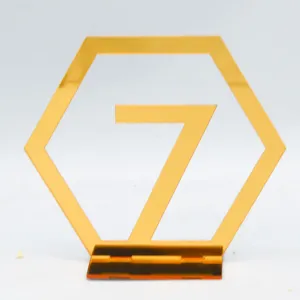 Gold Acryl Hochzeit Tischnummer 7 Schild hexagon Spiegel Desktop Ornament 2mm deko