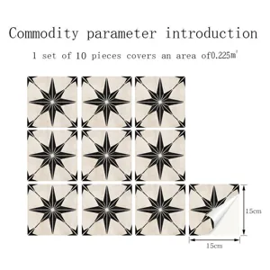 Detail view of black and white geometric star tile stickers, 15x15cm self-adhesive PVC.