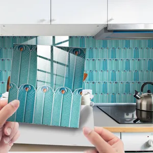 Peacock feather tile sticker with crystal film, waterproof wall decor for kitchen renovation.