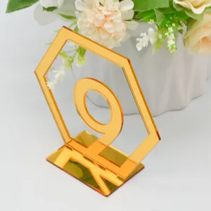 Goldener Acryl Tisch Nummer Schild hexagon Hochzeit Dekoration Standkarten Deko 9