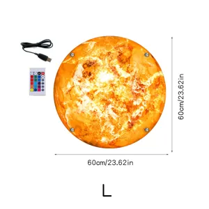 Round 60cm LED planet wall lamp with remote control, colorful night light for home decor.
