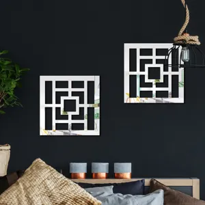 Acrylic geometric wall mirror sticker, self-adhesive home decor, modern square wall art.