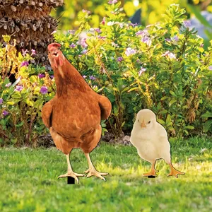Garden yard stake chicken and chick design, outdoor lawn decorative plugin detail view.