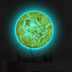 LED planet wall light with glowing green texture and cyan backlight halo for creative room decor.