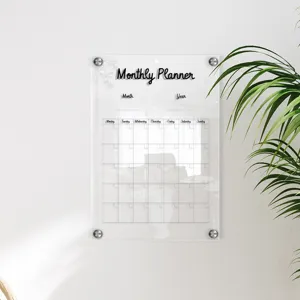 Clear acrylic monthly planner board detail showing transparent calendar grid and metal standoffs.