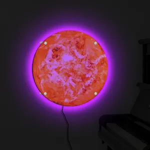 LED 3D planet wall light with vibrant purple ambient backlight, creative home decor lamp.