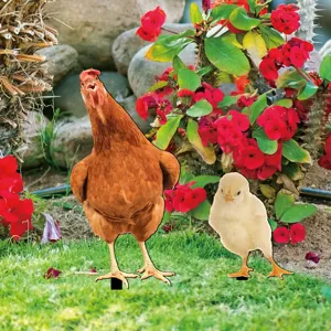 Chicken and chick yard stake detail, decorative lawn ornament for outdoor garden and yard display.