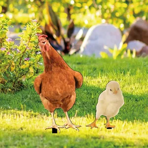 Cute hen and chick garden stake outdoor lawn decor, lovely farm animal yard sign.