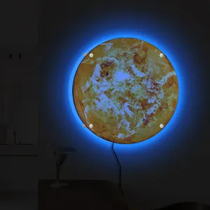 Detailed view of the 3D LED planet wall lamp showcasing glowing blue ambient light and texture.