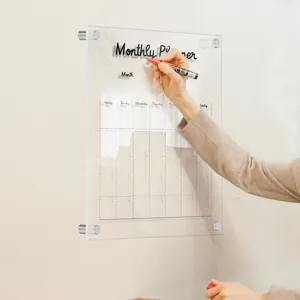 Clear acrylic monthly planner board detail, wall mounted calendar message board in use