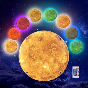 3D LED colorful planet wall lamp, glowing moon night light with remote control for room decor.