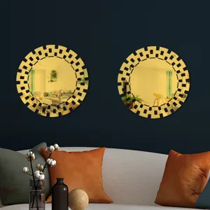 Gold acrylic wall mirror decorative stickers set, modern geometric round mirror home decor.