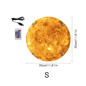 Detail view of the 30cm 3D LED planet wall lamp with USB cable and color changing remote.