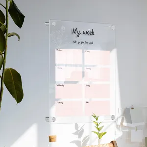 Clear acrylic weekly planner board, reusable erasable memo board for home organization.