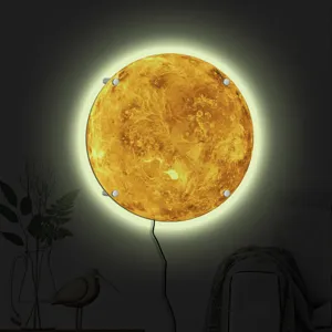 Detailed view of the glowing LED planet wall lamp featuring realistic surface texture and halo.