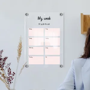 Transparent acrylic weekly planner board, clear wall mounted dry erase calendar for office.