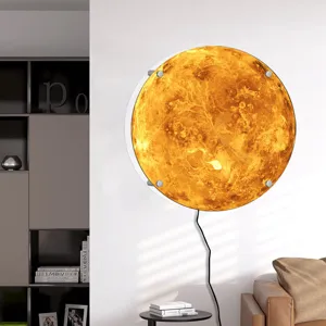 Detailed view of the 3D LED planet wall lamp, glowing texture for modern room decor lighting.
