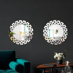 Detailed view of modern geometric decorative acrylic and wood wall mirror sticker for home decor.