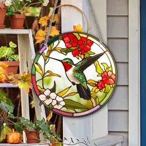 Gebrandschilderd glas kolibrie hangende decoratie, kleurrijke bloemige wandkunst voor muur.