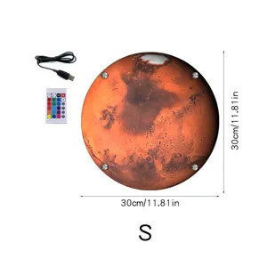 3D LED Mars planet wall lamp with USB cable and remote control, size 30cm for home decor.